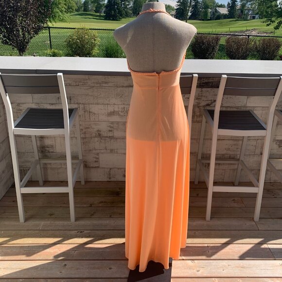 Vintage 70s Tangerine Peach Cowl Neck Wrap Halter Maxi Dress Prom Gown - Picture 7 of 16